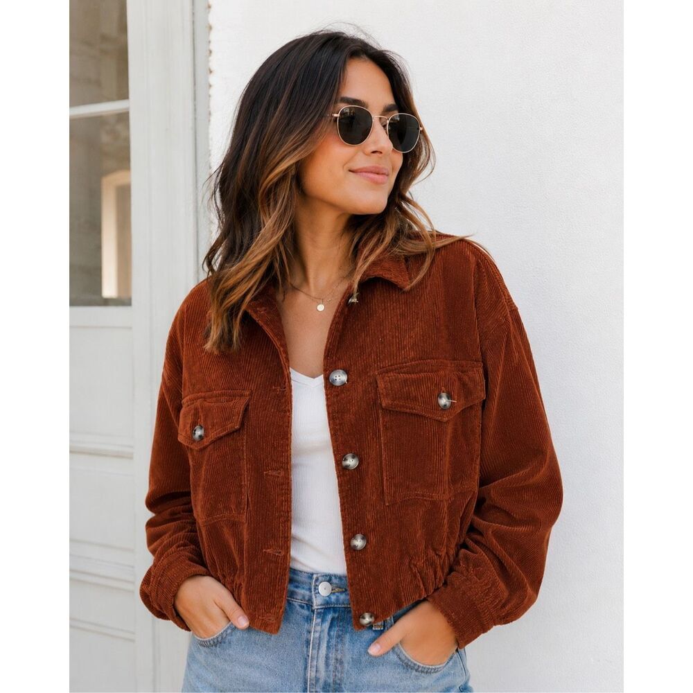TGLA Urban Outfitters Brown Rust Corduroy Cropped Jacket Women’s Large